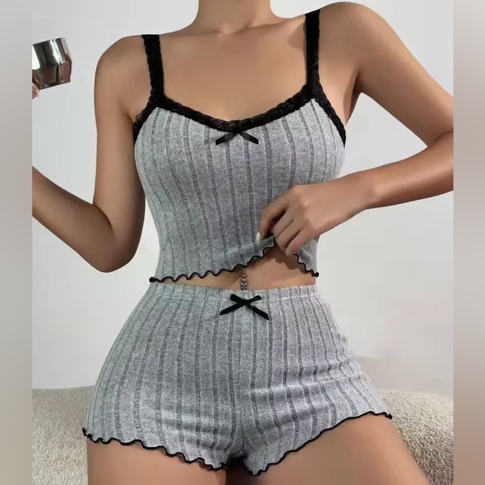NWT Ribbed Knit Lace-Trim Cami & Short Pajama Set - Grey Pink - Size XLarge